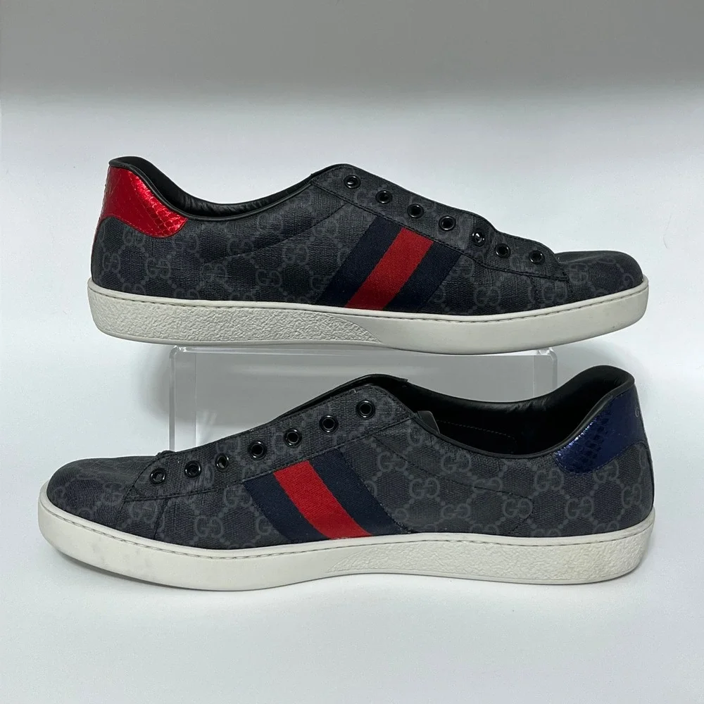 Gucci Ace GG Supreme Monogram Sneakers Grey Red Blue Web 429446 Mens 13